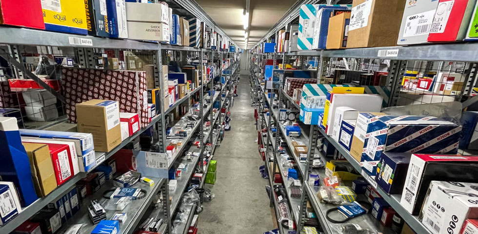 Real automotive-parts warehouse aisle in Burgas, Bulgaria
